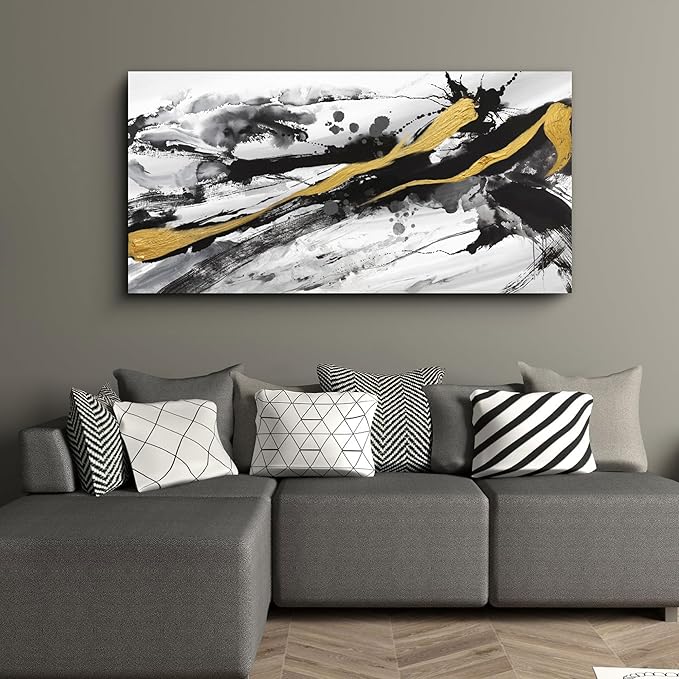 XLSJERST Black and White Abstract Wall Art - Canvas Wall Art for Living Room Bedroom Modern Gold Ink Painting Style Picture Artwork for Wall Decor Size 24x48 Inches