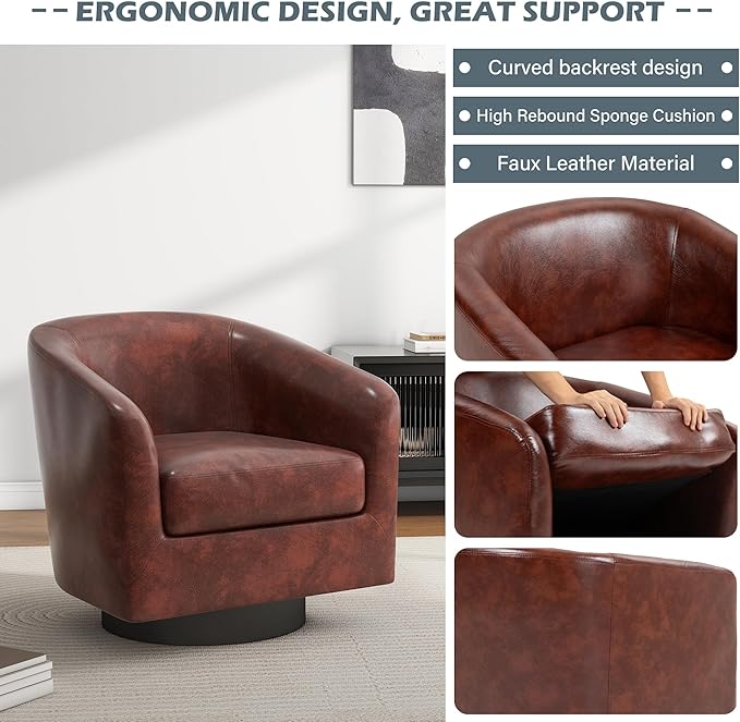 UIXE 360° Swivel Barrel Accent Chair Armchair, PU Leather Round Club Arm Chair for Lving Room, Modern Upholstered Small Bedroom Single Sofa Seat - Red Brown, Set of 2