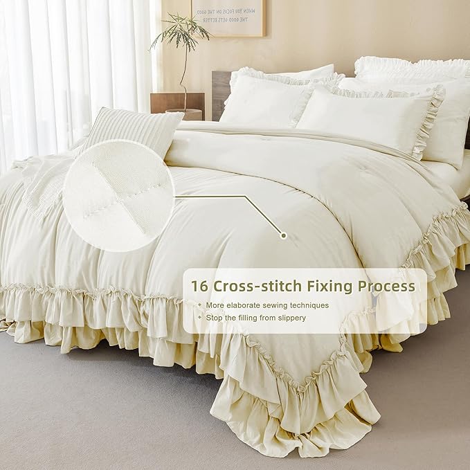 QSH Ruffled Comforter Queen Size, Shabby French Country Chic Bedding Ivory Comforter Sets, 3 Peices Farmhouse Lightweight Boho Comforter Set for Bed, Ultra Soft All Season Microfiber Fluffy Bedding