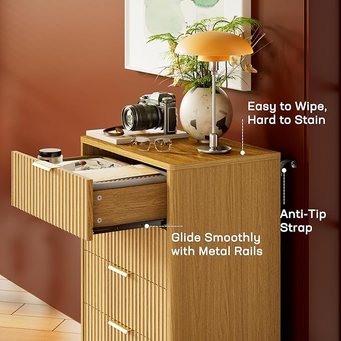 Marsail Fluted 5-Drawer Tall Wooden Dresser, Smooth Gliding Drawers & Large Capacity Storage Space, Modern Organizer Cabinet for Bedroom or Hallway, Natural Oak