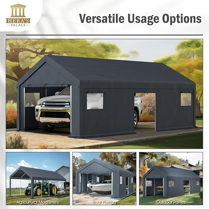 HERA'S PALACE Heavy Duty Storage Shed Outdoor Portable Car Canopy Carport Garage with 2 Rolled up Zipper Doors UV Resistant Waterproof Anti-Snow for Motorcycle Truck (Dark Gray, 13x24ft)
