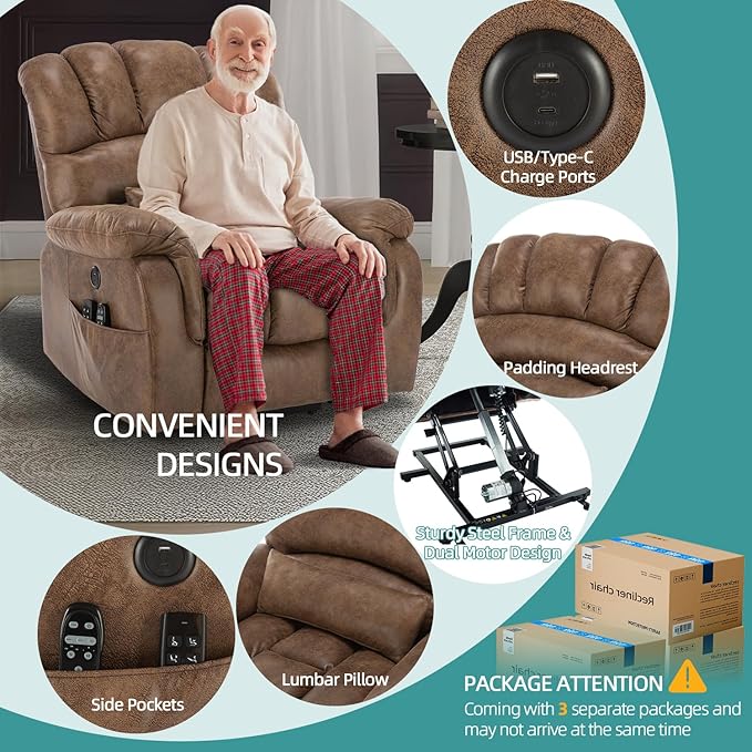 MEETWARM Oversized Dual Motor Power Lift Chair with Extended Footrest for Big Tall Elderly, Infinite Position Lay Flat Sleeper Electric Recliner, Heat Massage, Lumbar Pillow, USB & Type-C Ports, Brown