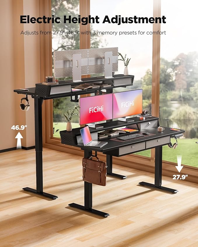 FiCiHi Adjustable Height Standing Desk with 4 Drawers,55 x 24 inches Electric Sit Stand Home Office Desk with Two Tiers, 3 Memory Presets, Monitor Stand Riser, C-Clamp Mount Compatible