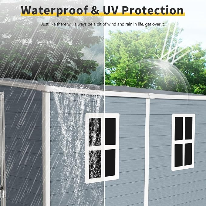 4x8 FT Outdoor Storage Resin Shed with Floor, Waterproof Plastic Garden Tool Shed with Windows, Vents & Lockable Door and Sloped Roof, Easy to Assemble Bike Shed for Patio, Backyard, Lawn, Grey