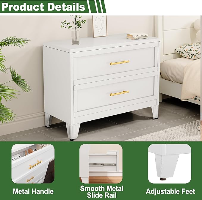 Metal Dresser for Bedroom 2 Drawers Dresser Metal Storage Dressers Organizer,24.8" H White Drawer Chest, Closet Organizers for Living Room, Hallway, Closet