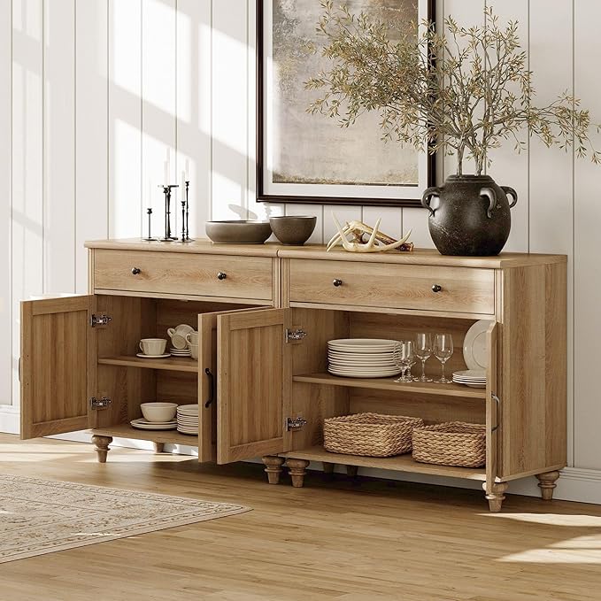 WAMPAT Farmhouse TV Stand for 100 Inch TV, 3-in-1 TV Console Table for 75/80/85/90 Inch TV, Entertainment Center with Glass & Wood Door, Kitchen Sideboard Buffet Cabinet for Dining Room, Oak