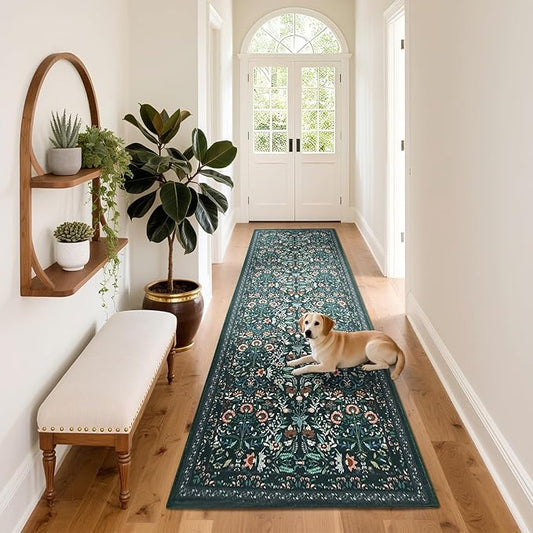 Area Rug Washable Rug Runner, 2X10 Hallway Runner Rugs for Bedroom Floral Boho Carpet Ultra-Thin Soft Kitchen Mats for Floor, Non-Slip Stain Rugs for Living Room, Entryway, Kitchen, Hallways, Green