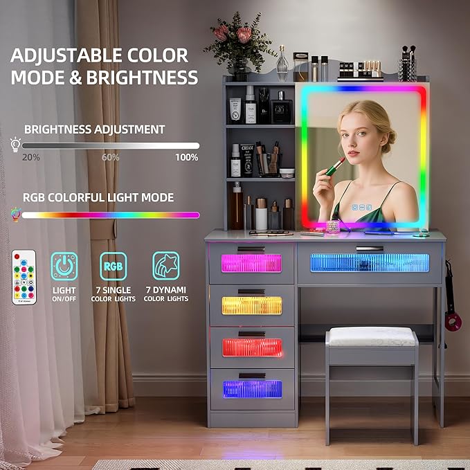 LED Vanity with Sliding Mirror, Smart Makeup Table with 5 Drawers 6 Shelves, Make Up Vanity Desk with Charging Station 14 Color Lighting Modes, Cushioned Stool, USB Type-C for Bedroom Gray