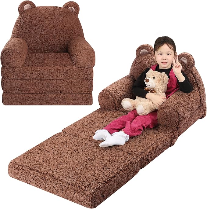 Foldable Sofa for Kids, Sherpa Teddy Bear Toddler Couch With Tri Folding Foam Cushions, Comfy for Ages 3-6