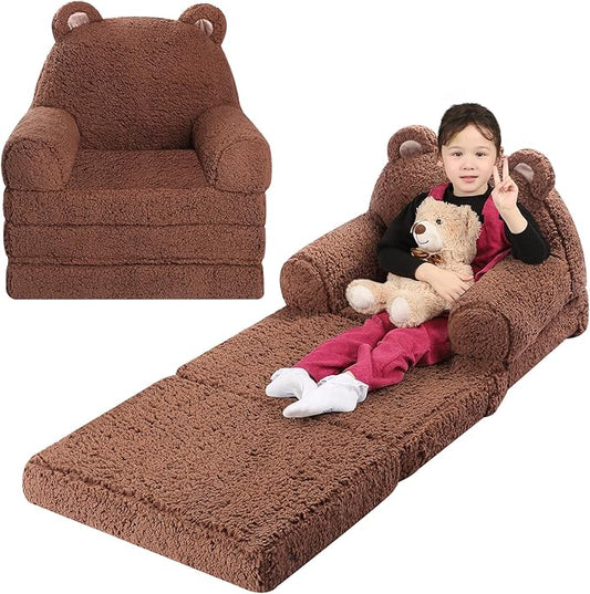 Foldable Sofa for Kids, Sherpa Teddy Bear Toddler Couch With Tri Folding Foam Cushions, Comfy for Ages 3-6