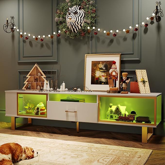 Bestier 80 Inch TV Stand for 65/75/85/90 Inch TVs, LED Gaming Entertainment Center with Open Storage and Half-Glass Design Drawer, Modern High Gloss Media Console for Living Room, White and Gold