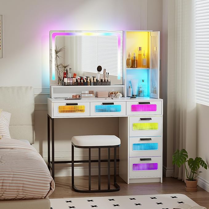 Vanity Desk with Mirror and RGB Lights, Makeup Vanity Desk with Wireless Charging Station,Large Dressing Table Set with Stool,LED Vanity Table with 6 Drawers/Cabinet/Shelves for Bedroom, White