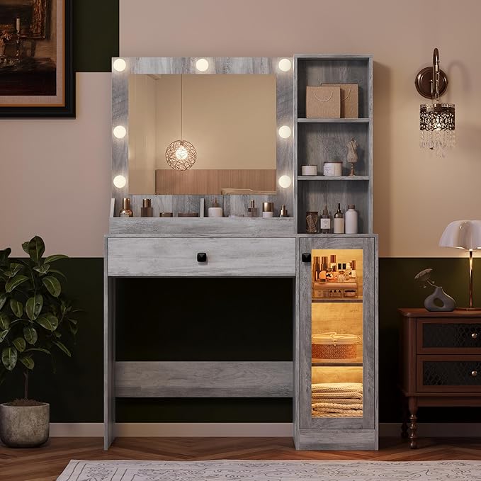 Makeup Vanity with Mirror and Lights, 34'' Wide Dressing Table with Charging Station & RGB Glass Cabinet, Small Vanity Desk with 3 Color Lighting Modes & Adjustable Brightness, Grey