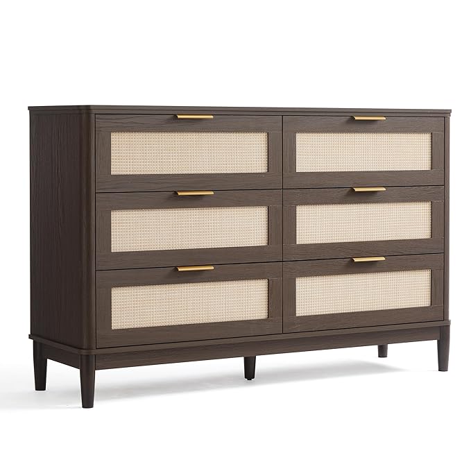 LINSY HOME Rattan Dresser for Bedroom with 6 Drawers, 47" Wide Chest of Drawers, Mid Century Modern Dresser TV Stand with Metal Handle, Wood Closet Storage Cabinet for Living Room, Hallway, Walnut