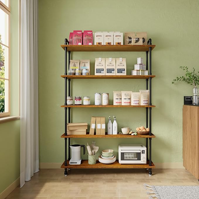 Industrial Bookshelf, 5-Tier Pipe Shelf, Wall Mounted Bookcase for Home and Office (Rustic Brown, 48" L x 11.8" W x 70" H)