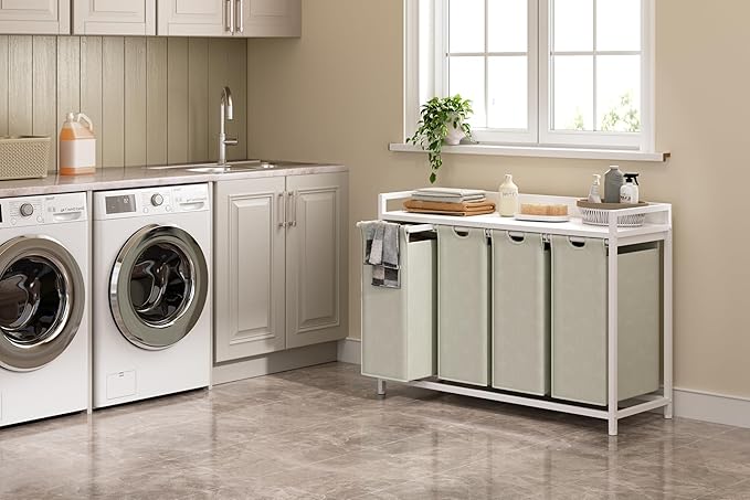 Laundry Hamper with Shelf, Laundry Basket 4 Section, Laundry Sorter with Pull-Out Removable Large Bags and Movable Wheels, Metal Frame, 4 x 15.87 Gallons (60L), White PF07XLW