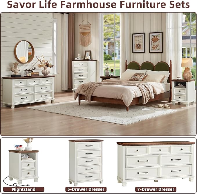 Farmhouse 5 Drawer Dresser for Bedroom, 45” Tall Dresser for Closet, Rustic Wooden Chests of Drawer for Bedroom, Hallway, Entryway, White