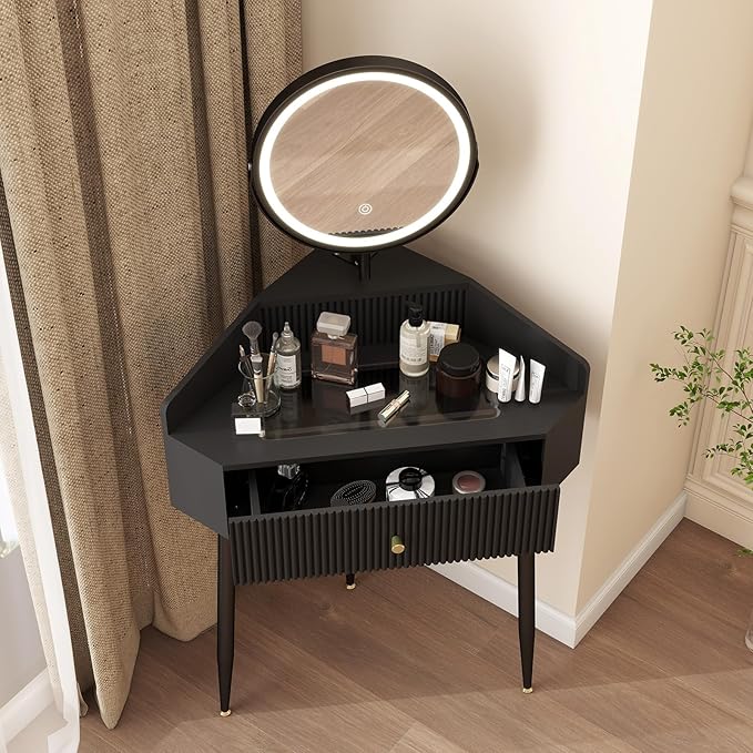 ARTETHYS Corner Vanity Desk with Retractable and Rotating Mirror and Lights Small Modern Black Makeup Vanity Set with Glass Top for Women Compact Girls Dressing Table with Storage for Small Space