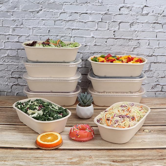 34 oz Disposable salad bowls with lids, Sugarcane Fiber Paper Bowls take away food containers meal prep food storage deli container 50 Pack
