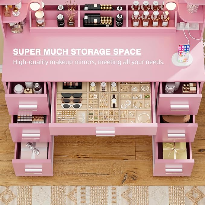 YESHOMY Vanity Desk with Large Lighted Mirror, Power Outlet and 11 Lights, Makeup Table with 7 Drawers and 3 Desktup Storage Units, 3 Color Modes Available for Bedroom, Pink