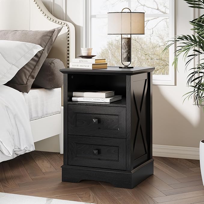 Farmhouse 2 Drawers Dresser for Bedroom, Rustic Small Chest of Drawers with Charging Station, Wood End Table with Open Shelf, Black Modern Nightstand for Bedroom, Living Room, Entryway
