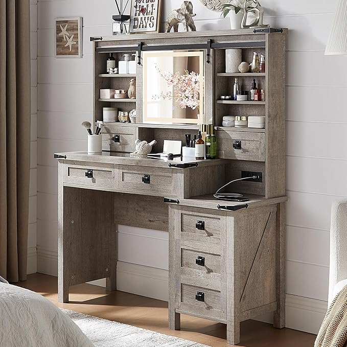 T4TREAM 48'' Farmhouse Makeup Vanity Desk with Sliding HD Mirror and Lights, Big Modern Lighted Vanity Table with 7 Drawers & Shelves, Rustic Large Dressing Table for Bedroom, Light Rustic Oak