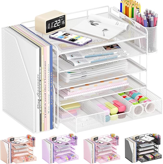 Desk Organizers and Accessories with File Holder, 5-Tier Office Desk Accessories & Workspace Desktop Organizer with Drawer and 2 Pen Holder, File Paper Organizer for Office Supplies(White)
