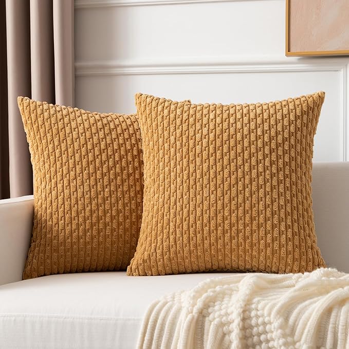 Kevin Textile Throw Pillow Covers Soft Corduroy Decorative Set of 2 Boho Striped Pillow Covers Pillowcases Farmhouse Home Decor for Couch Bed Sofa Living Room 16x16 Inch Gold
