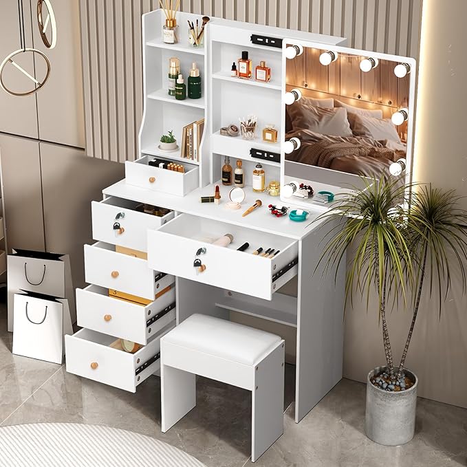 JBLCC Vanity Desk with Mirror and Lights, White Vanity with Lights, 3-Color Light Sliding Mirror, 6 Drawers & Open Shelves, Small Vanity Desk with Lighted Mirror for Bedroom