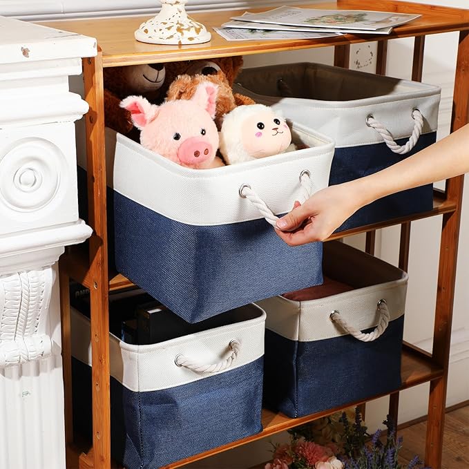 meekoo 8 Pack Collapsible Storage Bins Fabric Storage Bins Polyester Fabric Baskets with Handles Linen Closet Organizer for Shelf Home Closet Towels Toys(12 x 12 x 12 in,Blue White)