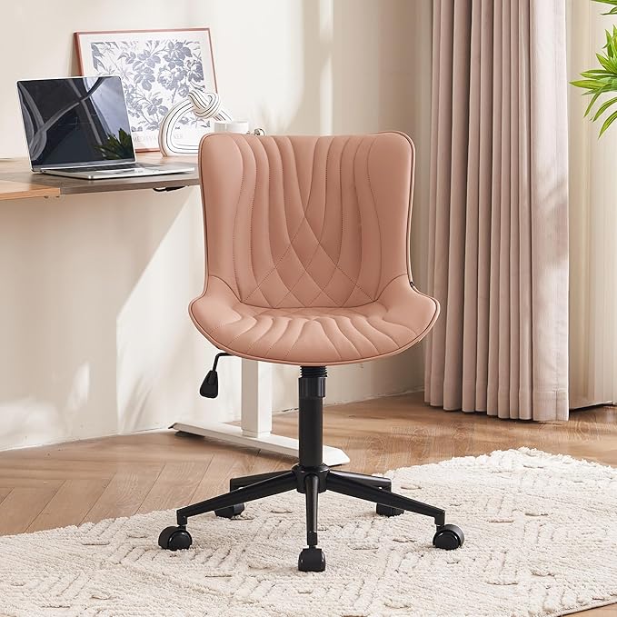 YOUTASTE Pink Modern Office Chair, Faux Leather Armless Desk Chair with Wheels, Height Adjustable, Swivel, Rocking, 300 lbs Capacity, Metal Base, for Home Office Vanity