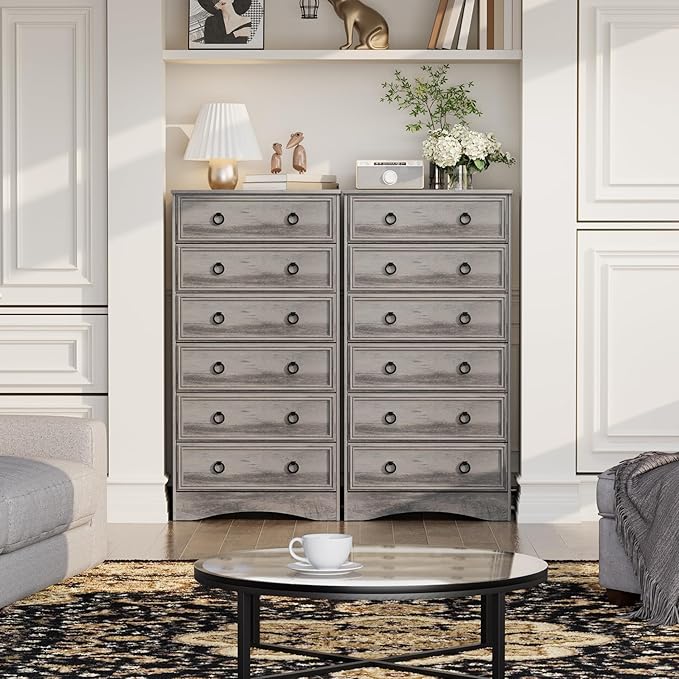 6 Drawer Dresser Tall, 52" Tall Grey Dresser for Bedroom, Chest of Drawers, Large Storage Organizer for Clothes, Grey Vintage, for Living Room, Bedroom, Hallway
