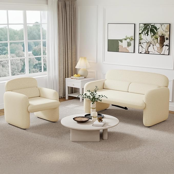 Furnimart Modern Loveseat Sofa, 54" 2-Seater Boucle Sofa, Comfy Upholstered Minimalist Couch, Small Couches for Small Spaces, Apartment, Office, Living Room, Bedroom, Dorm, Chenille White