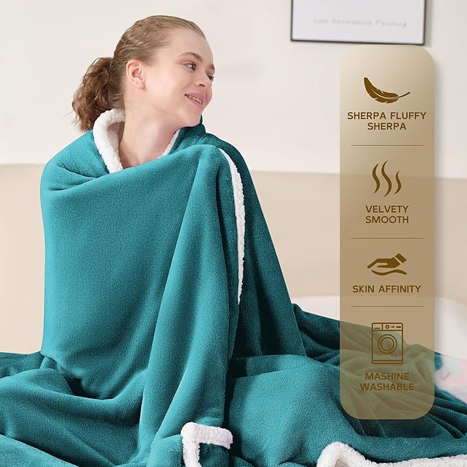 BEAUTEX Sherpa Fleece Throw Blankets, Soft Fluffy Flannel Plush Blanket and Throw, Fuzzy Cozy Cuddle Blankets for Couch Bed Sofa Adults (50" x 60", Harbor Blue)