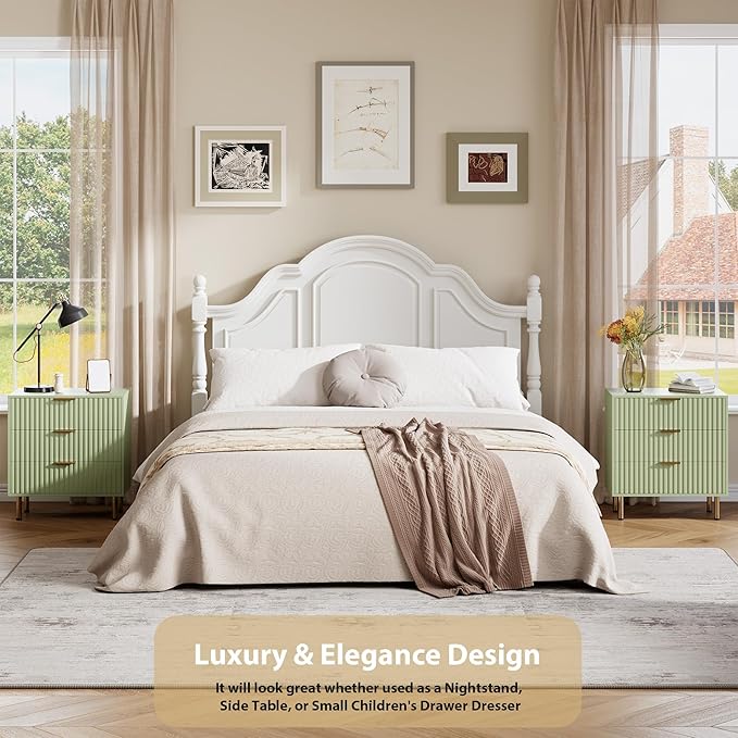 Green 3 Drawer Dresser for Bedroom, Fluted Modern Nightstand with Deep Drawers, Chest of Drawers with Wide Top, Wooden Dresser Organizer, Side Table for Living Room, Hallway, Kids Room