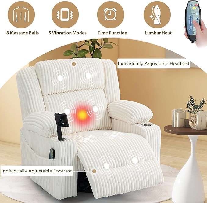 Dual Motor Power Oversized Swivel Rocker Recliner Chair with Adjustable Headrest for Adults, Glider Rocking Chairs with Vibration and Heat, USB Type C, Armrest Storage, Cream White