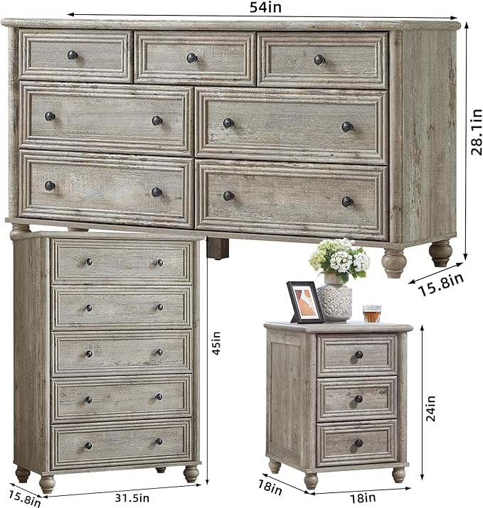 Farmhouse Dressers & Night Stand Set of 3, Wood 54" Wide Dresser & 45" Tall Chest of Drawers, 18" Roman Column Nightstand, Bedroom Furniture 7 Drawer Dresser Set for Bedroom Home Living Room Hallway