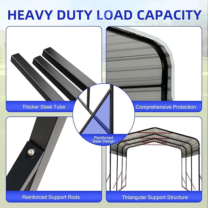 10x15 Metal Carport with Base Fixings Heavy Duty Garage Outdoor Chrome Plated Frame and Sheet Metal Construction Suitable for Boats, Cars, Tractors and Agricultural Equipment, Dark Gray