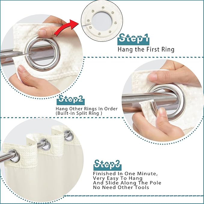 Conbo Mio Stall No Hook Waffle Weave Shower Curtain with Snap in Liner Set, Hotel Luxury Beige Shower Curtains for Bathroom with See Through Top Window, Waterproof, Washable 36W x 74H