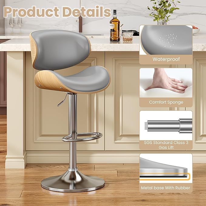 Bar Stools Set of 4, Bentwood Adjustable Height Swivel Bar Stools, PU Leather Upholstered Bar Chair with Back and Footrest for Bar, Kitchen, Grey
