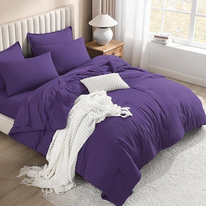 Litanika Comforter Full Size Set Purple - 7 Pieces Bed in a Bag Full Bedding Comforter Sets, Plain Lightweight Bed Set with Comforter, Sheets, Pillowcases & Shams