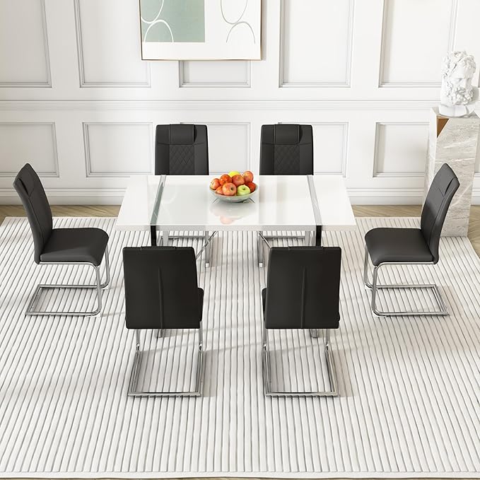 Dining Table Chairs Set for 6, Modern Rectangular Dining Room Table Set PU Leather Upholstered Dining Chairs 55" Dinner Table Set for Kitchen, Dining Room (Dining Table Set for 6, Black)