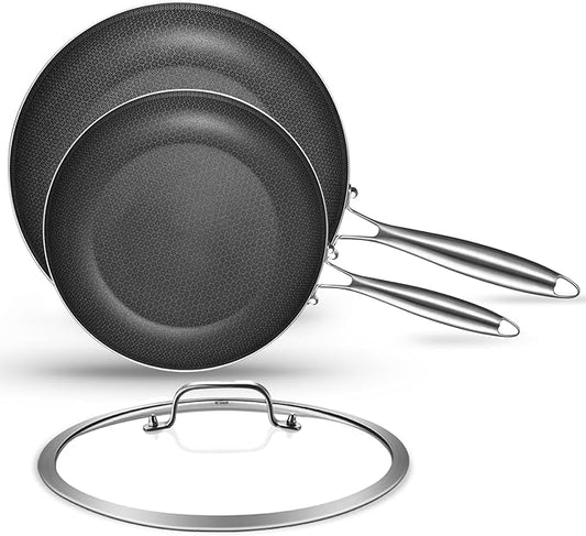 Inqibee 8.5-10 Inch Hybrid Non Stick Tri-Ply Stainless Steel Frying Pan Set with Lid,Inductiong Cooking Pans Set of 2,Dishwasher and Oven Safe
