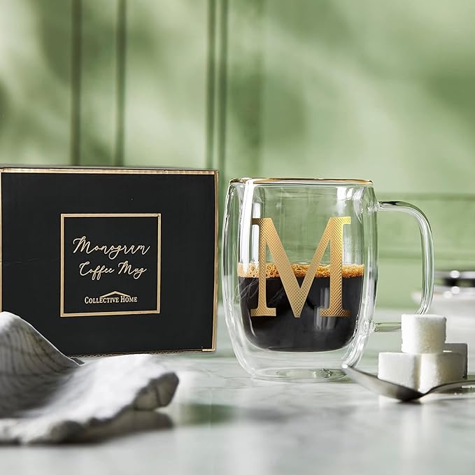 COLLECTIVE HOME - Double Walled Glass Coffee Mugs, Insulated Coffee Mug with Handle, Personalized Gifts for Women, Men, Christmas, 14 oz Monogram Cups (M)