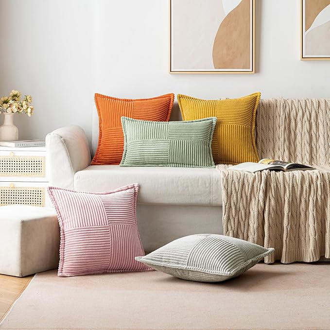 MIULEE Decorative Throw Pillow Covers for Couch Bed Livingroom 16x16 Inch Set of 2 Pink Boho Accent Throw Pllows Broadside Striped Patchwork Soft Corduroy Pillowcases