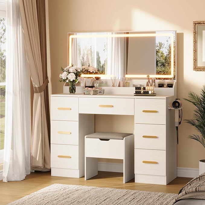 Garvee Vanity Desk with Large Mirror and Lights, 45.9In Makeup Vanity Desk, 3 Lighting Modes Adjustable Brightness, Vanity Table with Power Outlet &8 Drawers, for Powder Room and Bedroom
