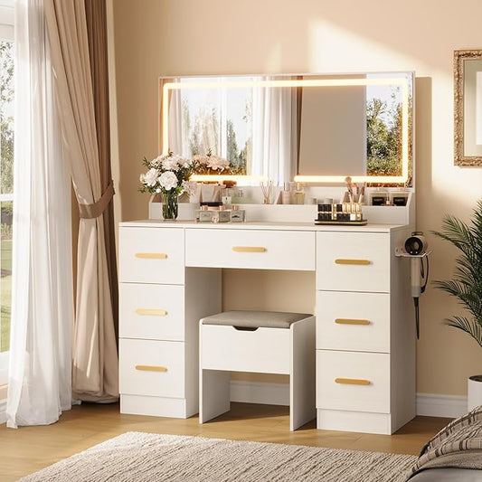 Garvee Vanity Desk with Large Mirror and Lights, 45.9In Makeup Vanity Desk, 3 Lighting Modes Adjustable Brightness, Vanity Table with Power Outlet &8 Drawers, for Powder Room and Bedroom