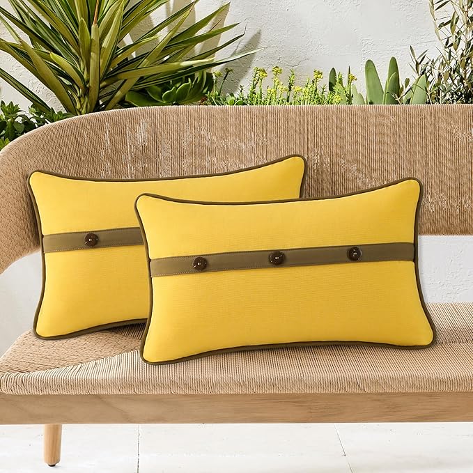 Outdoor Sunbrella Decorative Pillows with Triple Coconut Buttons Pack of 4, 20" x 12" Outdoor Pillow Set for Couch Bed Throw Patio Sofa, Spectrum Daffodil/Canvas Cocoa