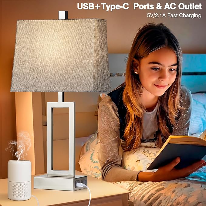 Touch Control Table Lamps Set of 2, Modern Silver Bedside Lamps with USB A+C Ports & AC Outlet, 3 Way Dimmable Contemporary Nightstand Lamps for Bedroom Living Room(LED Bulb Included)
