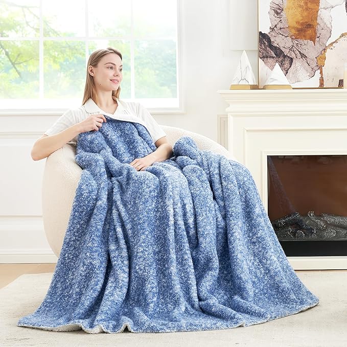 Cozy Bliss Ultra Soft Reversible Double Sherpa Sided Blanket, Fluffy Thick Warm Plush Fuzzy Blanket for Couch, Bed and Gifts (Mottled Navy Blue, 50" x 60")